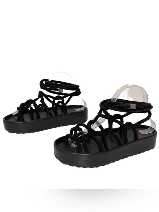 All Saints Shoes - AllSaints Black Kofu Rope Lace-Up Flat Sandals Japanese Style Shibari